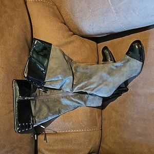 Brand new grey suede tall boots with patent leather trim.